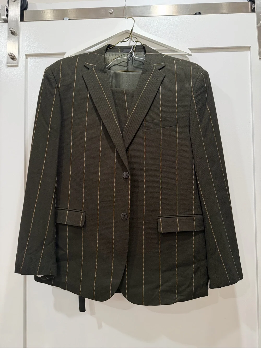 Stacy Adams 3 Pc Suit Dark Green Gold Pinstripe Blazer Vest Pants 44R 38R